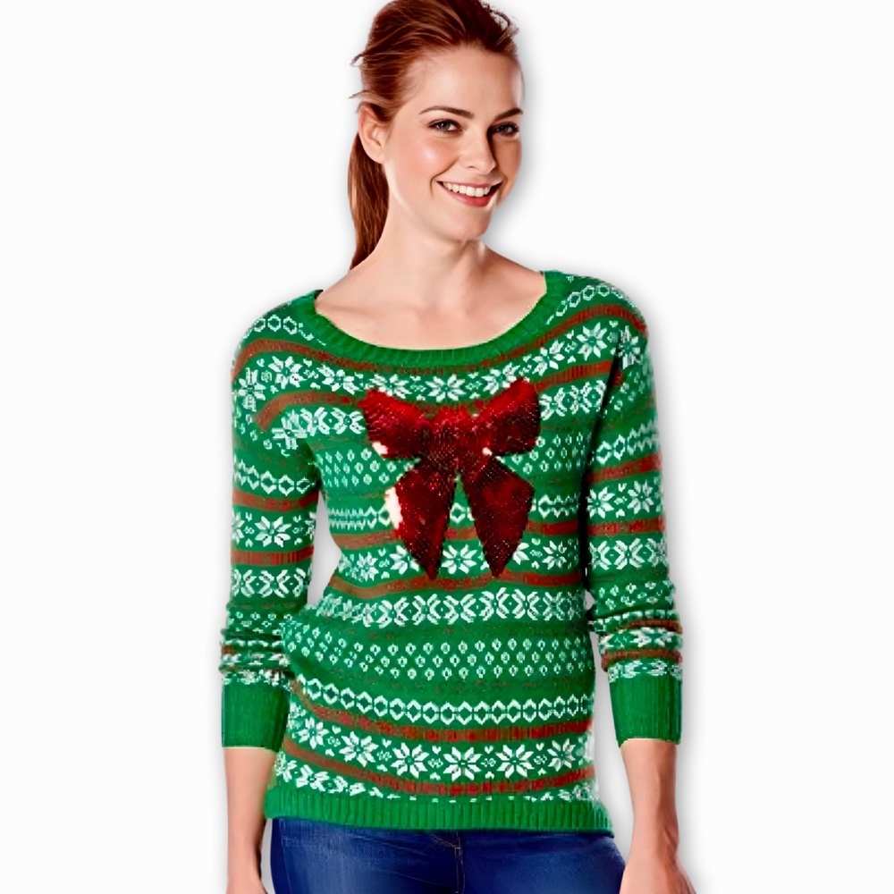 ISABELLAS CLOSET Red Sequin Bow Green Ugly Christmas Sweater Sparkly Preppy Top